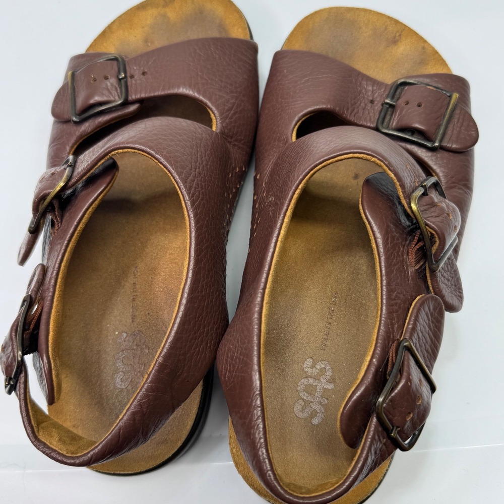 SAS Sanibel Sandals Womens 6.5 W Brown Leather Triple Buckle Slingback Comfort - Picture 5 of 10